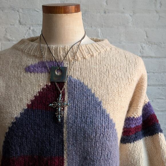 Vintage Wool Nautical Sweater Crewneck Knit Chunky Coastal Boho Grandpa Cozy Top - Picture 4 of 6